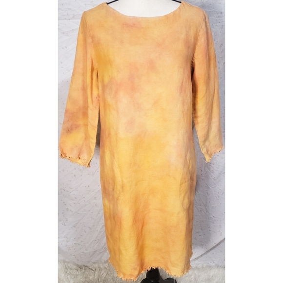 Studio 412 Linen Shift Dress Orange Hand Dyed Fringe Pockets - Picture 1 of 4